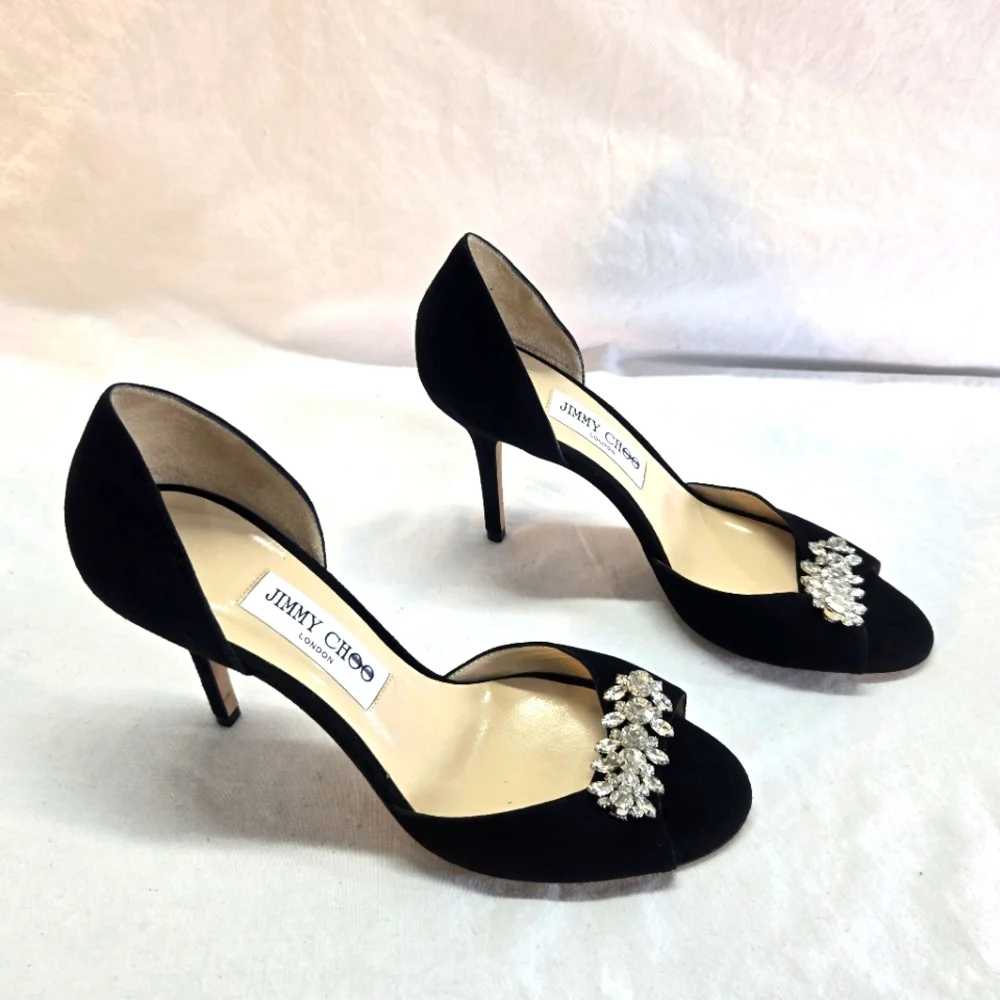 Jimmy Choo Women's 39.5 Black Suede Crystal Embellished Sandal Heels Pump New - Picture 5 of 11